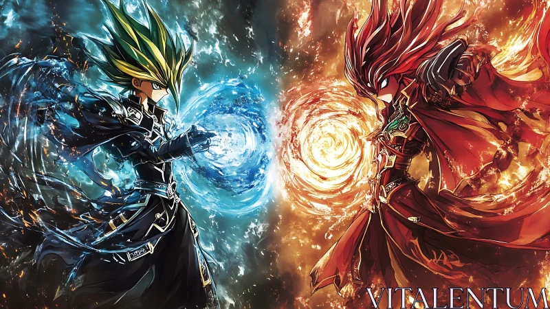 Elemental duel between opposing blue and red anime mages.