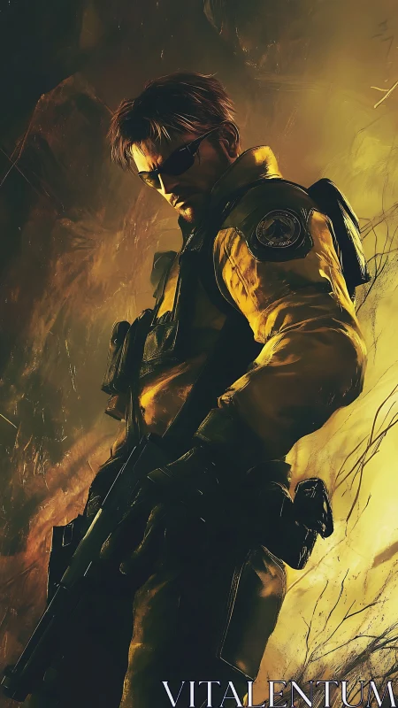 Armored tactical operative rendered in dramatic chiaroscuro lighting