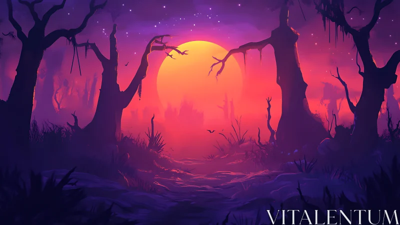 Haunted neon swamp glows under an enormous rising moon