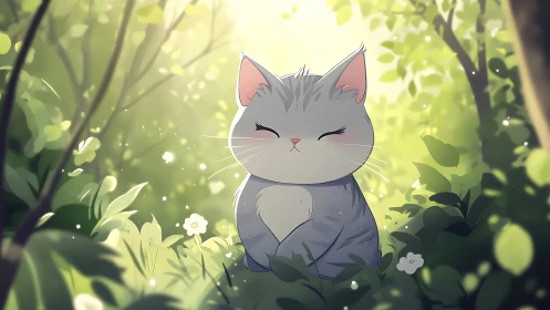Serene Gray Cat in Sunlit Forest Setting with Soft Green Botanical Surroundings.