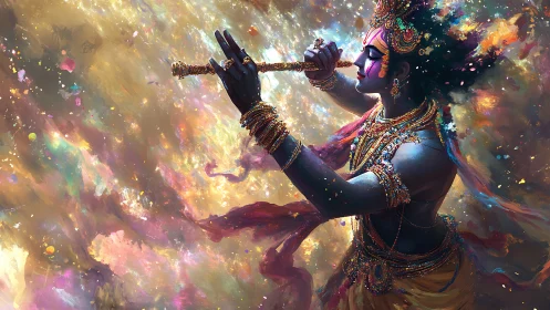 Cosmic flutist threads starlight through swirling color storm