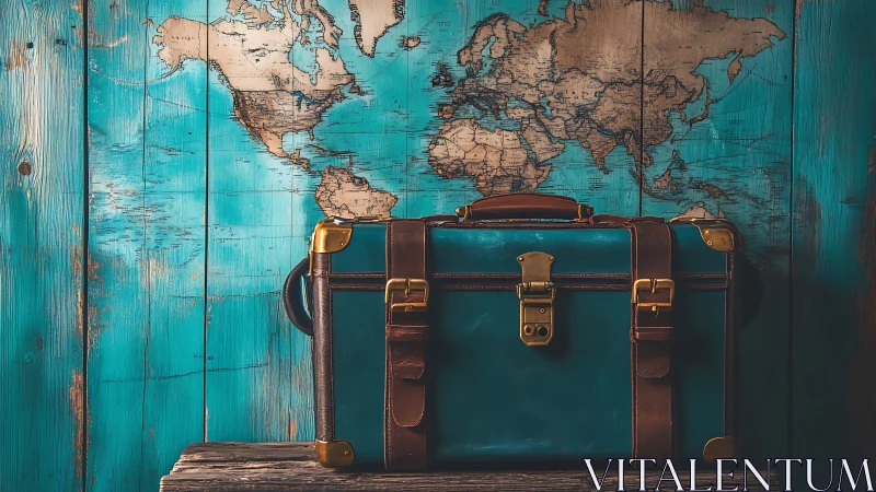 Vintage teal leather suitcase before turquoise world map wall