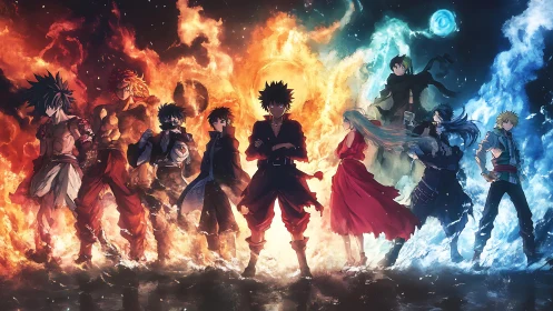 Elemental anime team framed by symmetric fire and ice energy fields