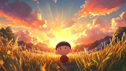 Soft evening sun welcomes a cheerful child in golden fields