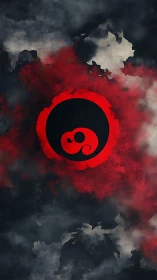 Red yin yang emblem floats amid stormy abstract clouds.