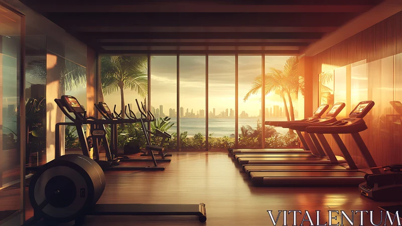 Luxury waterfront gym interior captures sunrise over skyline
