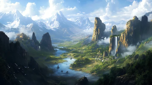 Expansive fantasy valley with rivers, cliffs and peaks.