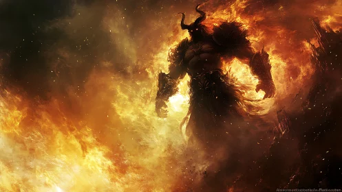 Fiery horned warrior strides boldly through swirling flames