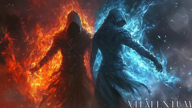 Hooded fire and ice mages facing off in swirling flames.