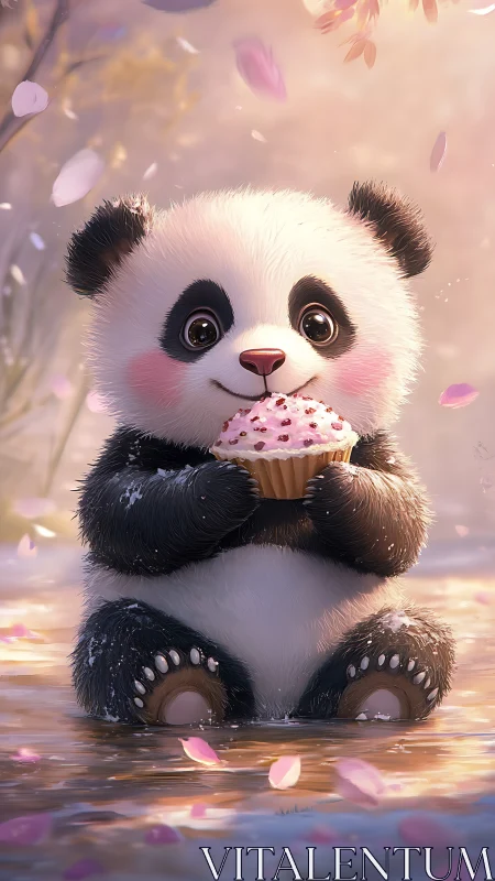 Baby panda holding cupcake under soft falling petals.