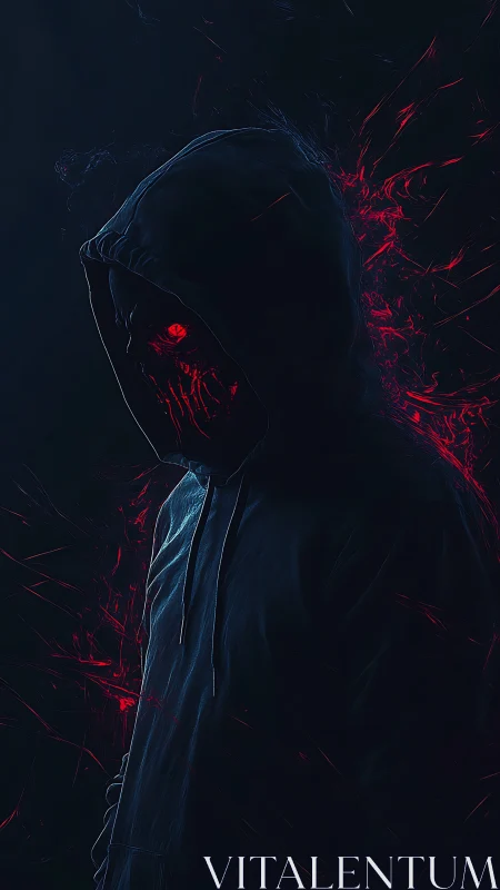 Hooded spectral entity with red energy fractures in darkness