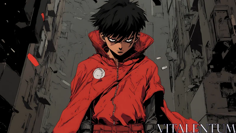 Defiant urban youth in red cloak within decayed megastructure