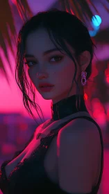 Neon-lit digital portrait of woman in lace and leather.