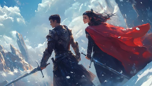 Twin bladebearers trade vows with the stormlit mountain pass