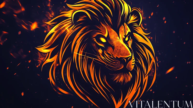 Fiery lion head glows fiercely against dark embers