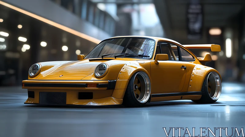Yellow widebody sports coupe rendered in an indoor environment
