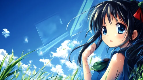 Anime girl with blue sky, clouds and grass in background.
