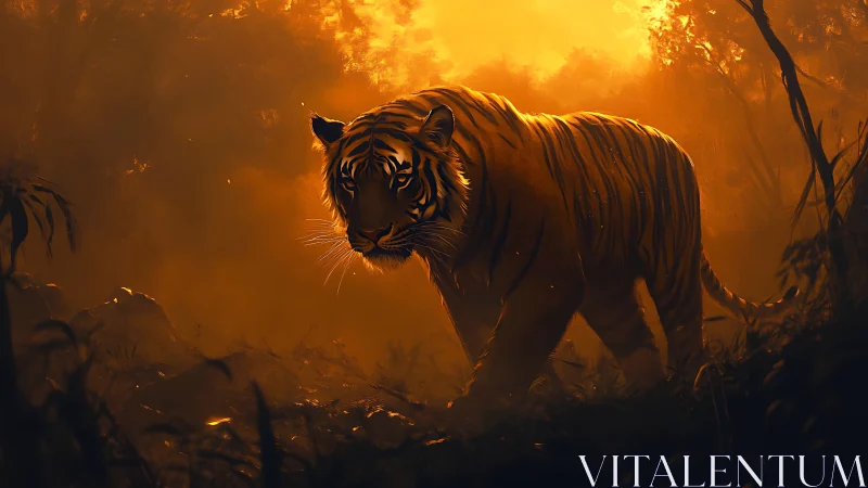 Solitary tiger walking through dense orange forest light.