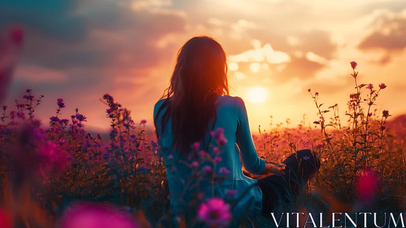 Woman watches blazing sunset over wildflower meadow