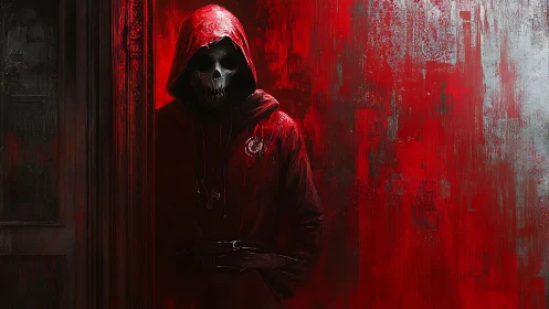 Shadowed skull-hooded figure leans calmly in a red doorway