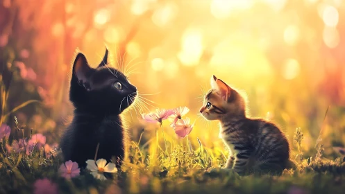 Black Cat and Tabby Kitten Encounter in Golden Hour Wildflower Field