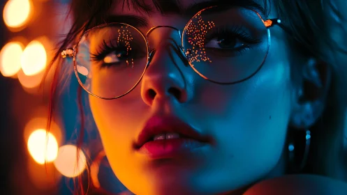 Neon-lit gaze behind glass, where city bokeh paints dreams.