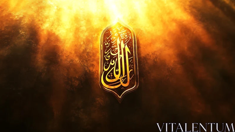 Luminous Arabic calligraphy emblem in volumetric golden haze.