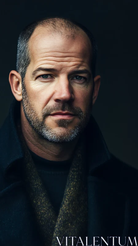 Photorealistic male portrait in low-key studio lighting setup.