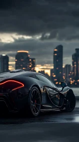 Midnight supercar prowls beneath storm-lit city skyline.