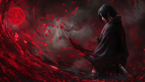 Brooding swordsman amid crimson vortex and burning sigil.