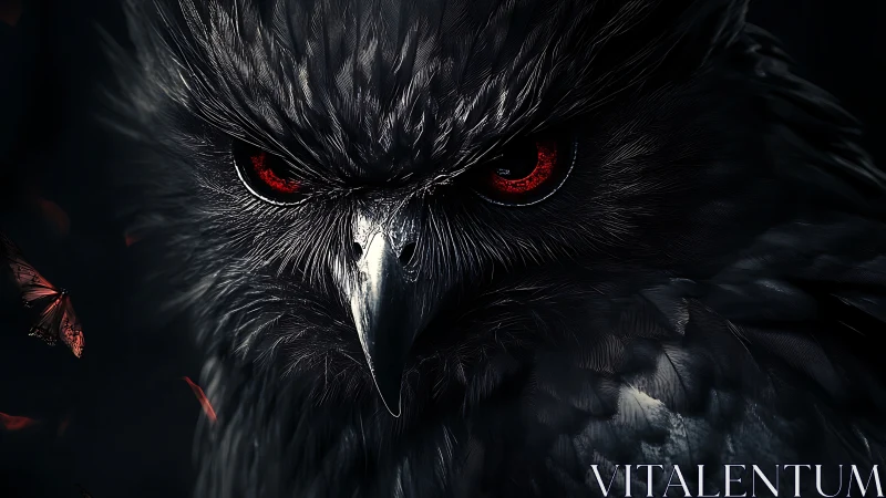 Predatory owl close-up with glowing red eyes in darkness.