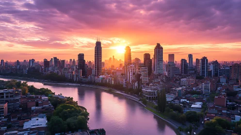 Urban skyline is recorded at sunset with river foreground