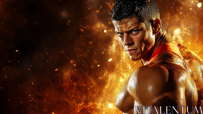 Male bodybuilder rendered against fiery abstract backdrop.