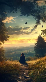 Solitary dreamer bathing in a storybook sunrise valley.