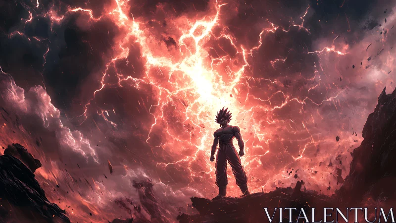 Stormlit warrior standing bold beneath a shattered sky.