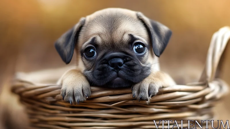 Pug puppy rests in wicker basket with shallow focus background