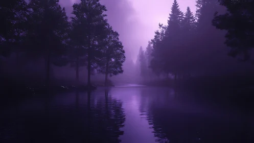 Purple fog river cuts through shadowed pine forest.