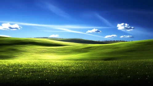 Sunlit green hills under deep blue sky with soft clouds
