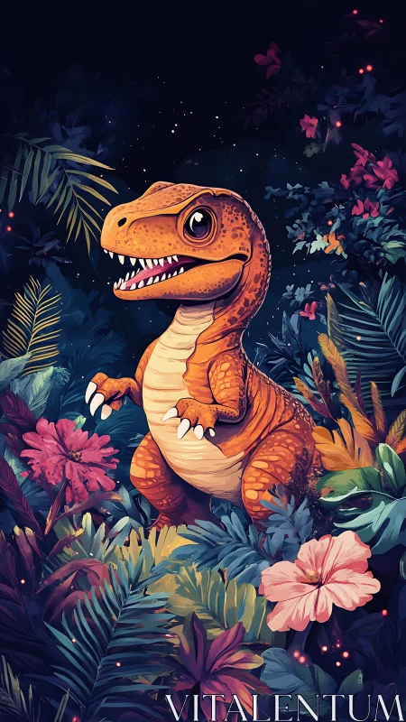 Playful baby dinosaur glows amid neon jungle blooms at night.
