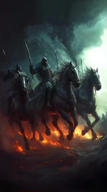 Dark armored riders charging across fiery ground at night.