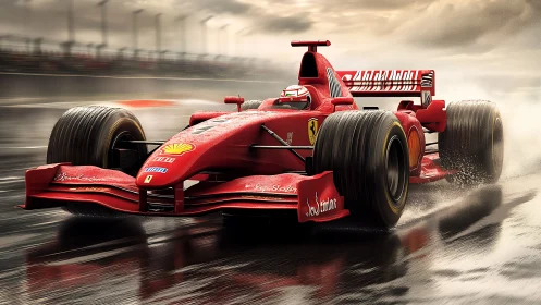 High-downforce red F1 car cornering on wet track with dynamic spray