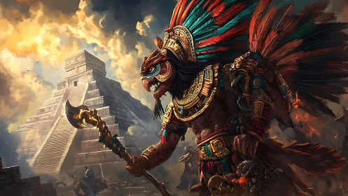 Warrior in feathered regalia stands before stepped pyramid
