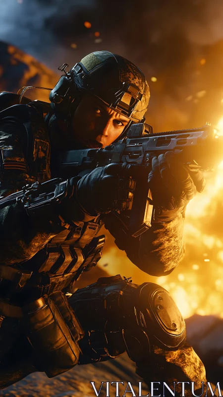 Fierce futuristic soldier framed by firelit battlefield.