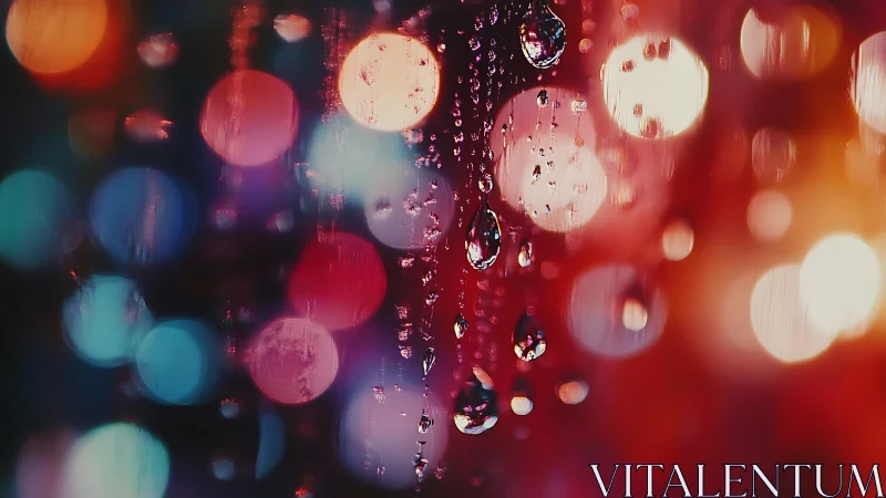 Macro raindrops on glass with multicolor urban bokeh lights