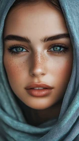 Hyperreal facial close-up with teal textile framing portrait.