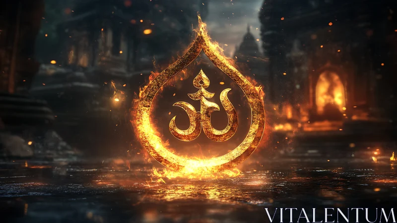 Radiant golden Om symbol glowing in a sacred fiery temple.