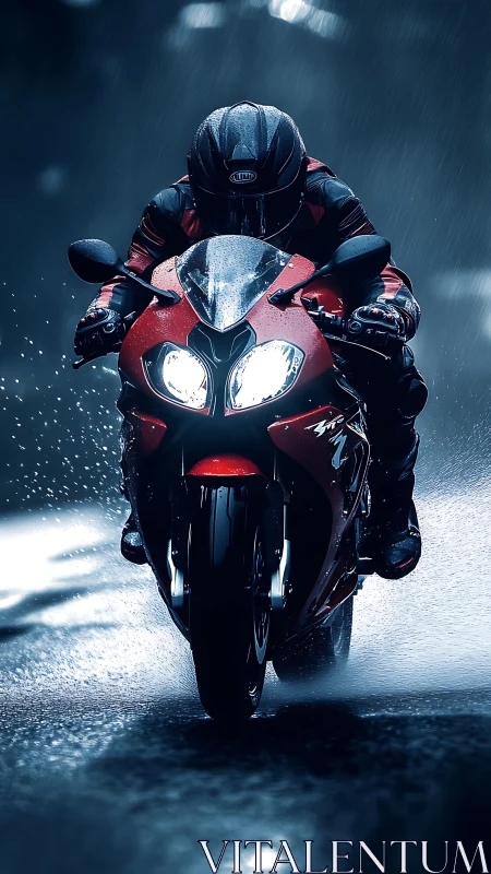 Motorcyclist rides sport bike through wet city street at night