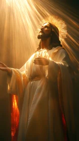 Radiant robed figure in golden volumetric divine light