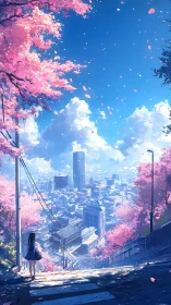 Petals drift while a lone dreamer overlooks the spring city