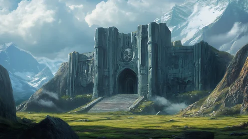 Monolithic mountain gate rendered in cinematic fantasy detail